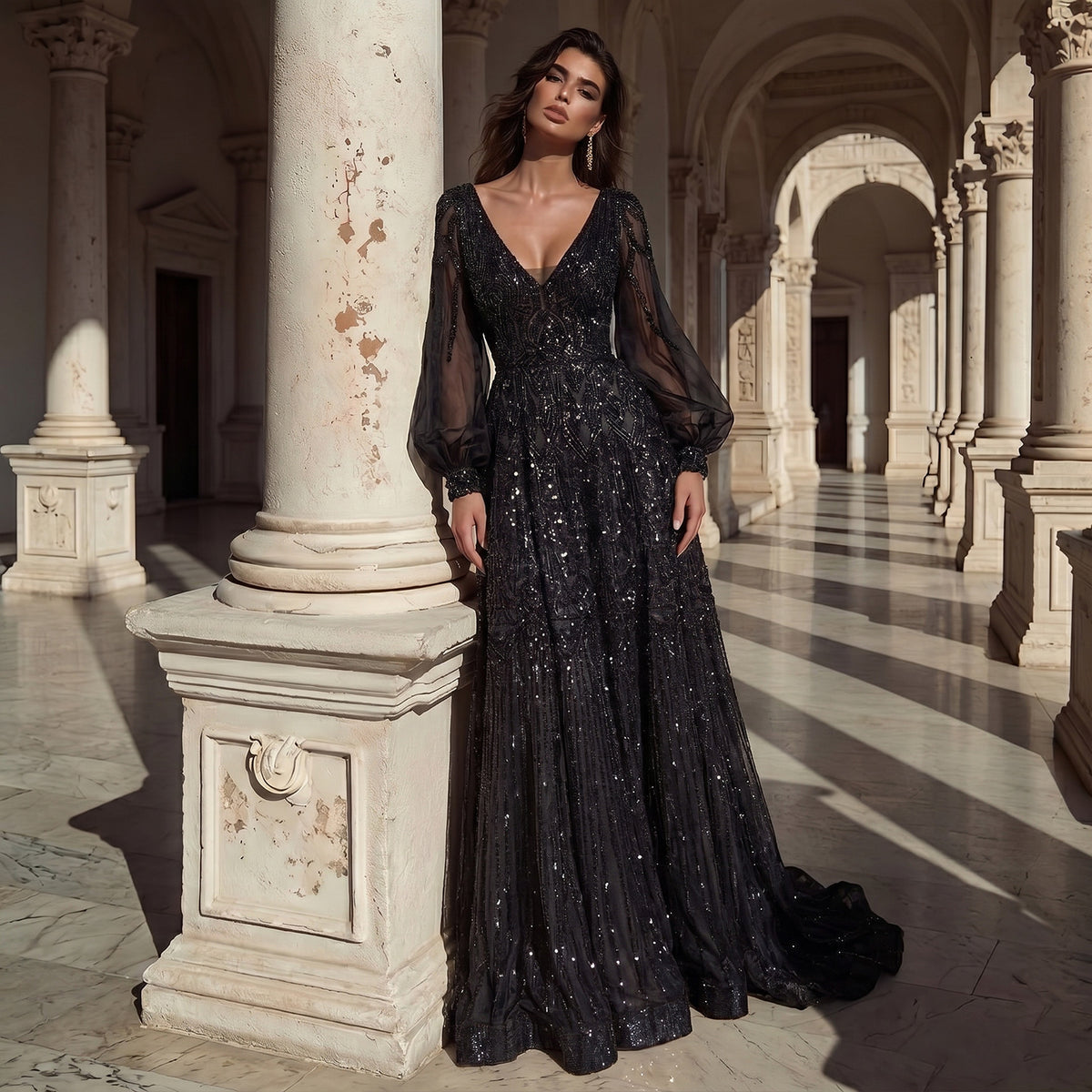 Elegant Pink Vertical Sequin Embroidered Sheer Mesh Floor Evening Dress SS057