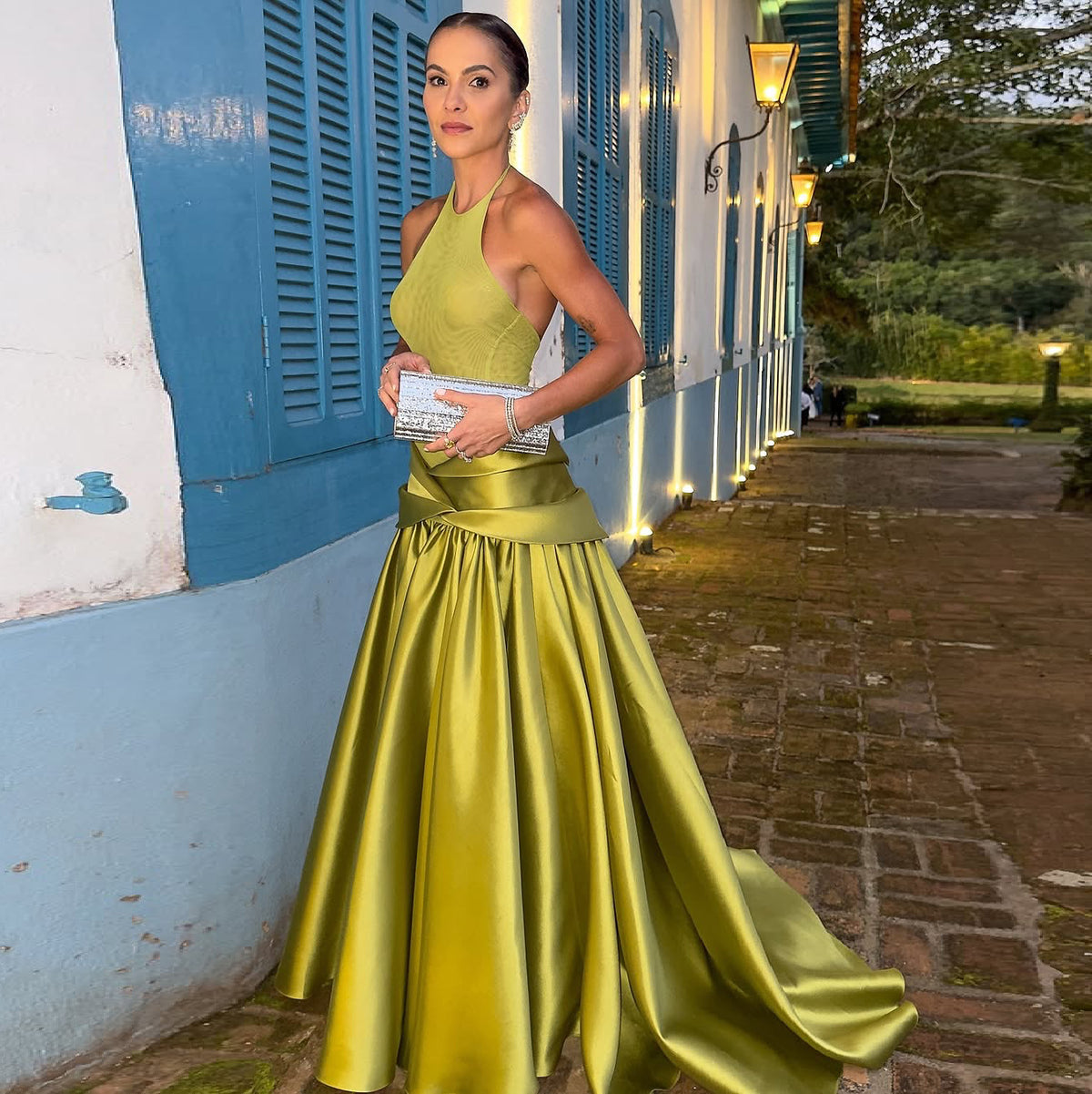 Luxury Olive Green Halter Neck Satin Ball Gown Evening Dress SF148
