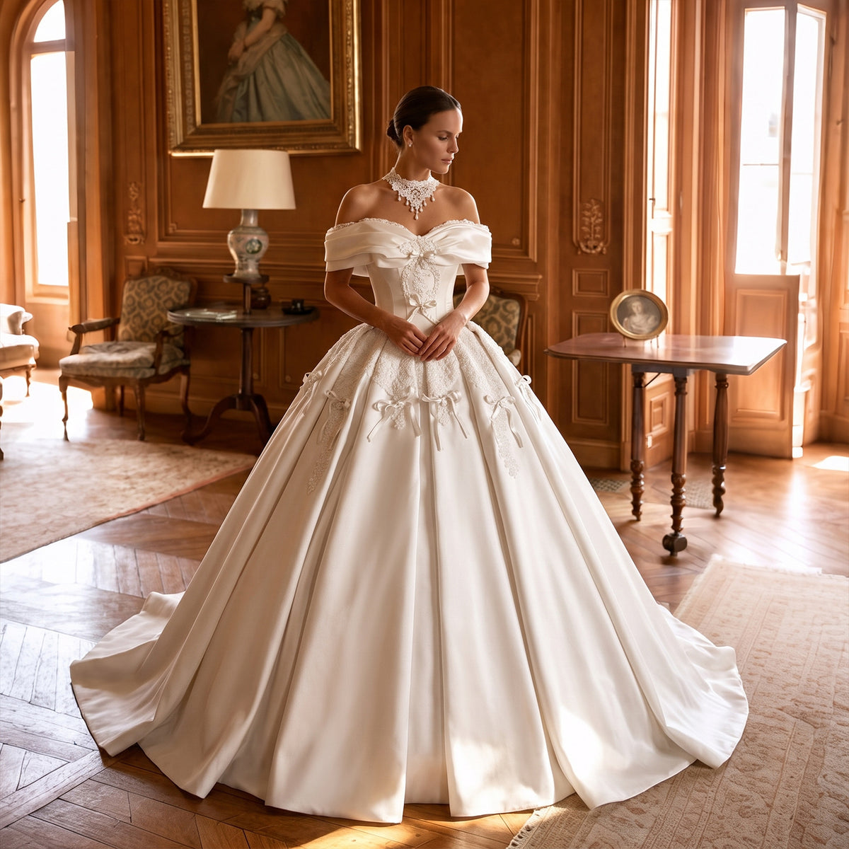 Vintage Royal Lvory Satin Off-the-Shoulder Ball Gown Evening Dress with Bows SW675