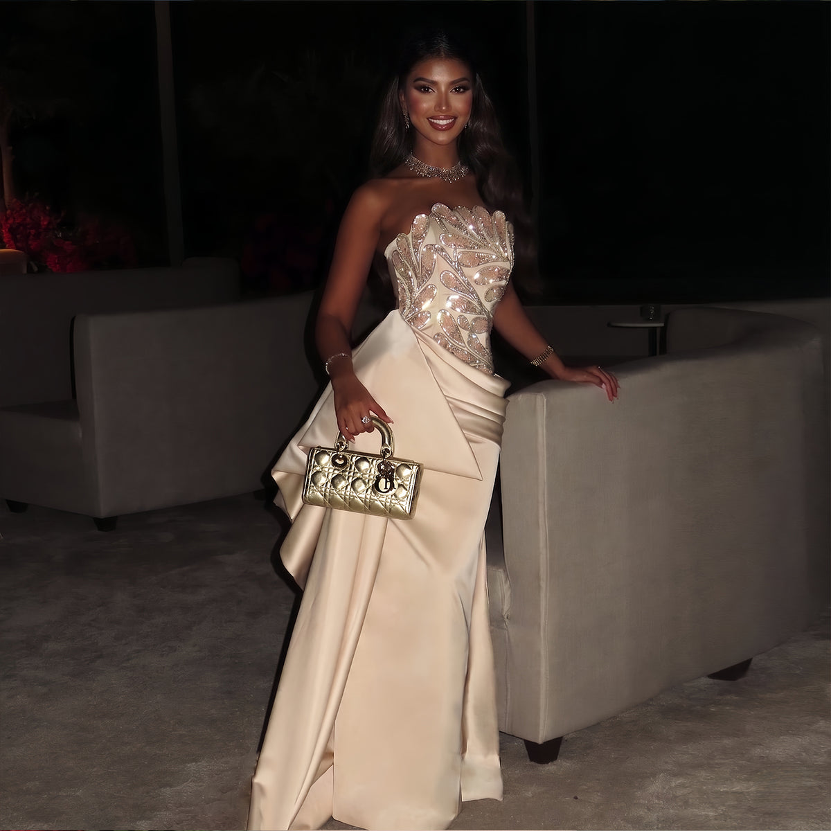 Elegant Beige Strapless Beaded Evening Dress with Overskirt and Scarf SS242
