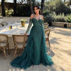 Romantic Teal Tiered Beaded Detachable Sleeves Evening Dress with Overskirt SS123