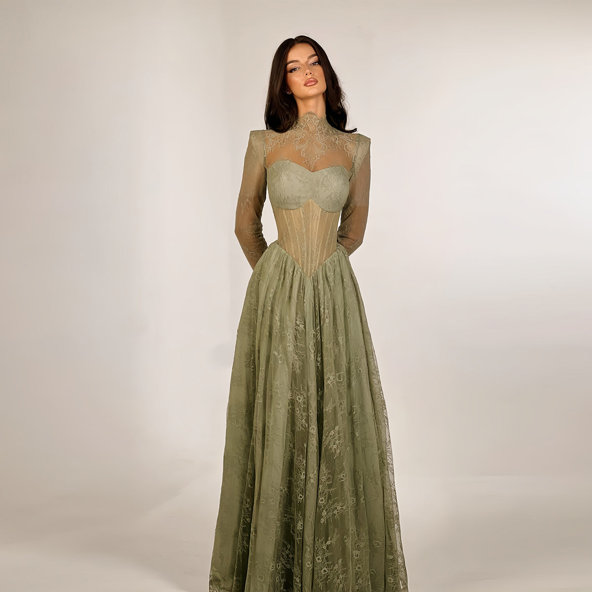 Vintage Olive Green High Neck Sheer Lace Corset Evening Dress SF240