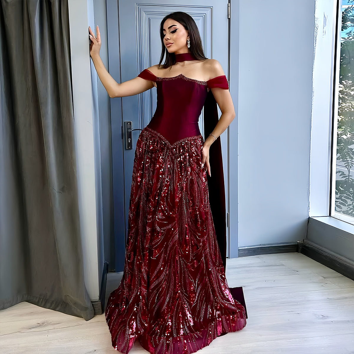 Luxury Wine Red Beaded Sequin Off-Shoulder Evening Dress with Scarf SS652
