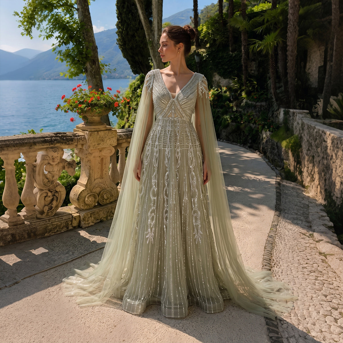 Luxury Beaded V-Neck A-Line Evening Gown with Floor-Length Sheer Cape SS073