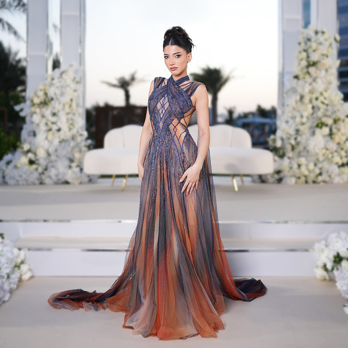 Luxury Gradient Beaded Evening Dress with Cape SS297