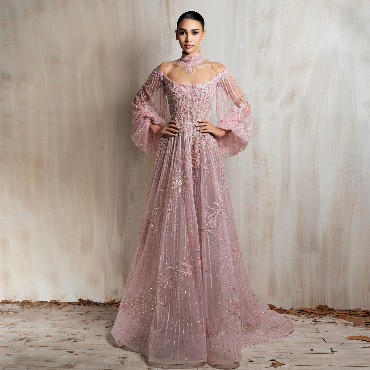 Luxury Sequined Pink Long Sleeve Formal Evening Gown High Neck Prom Dress SS411