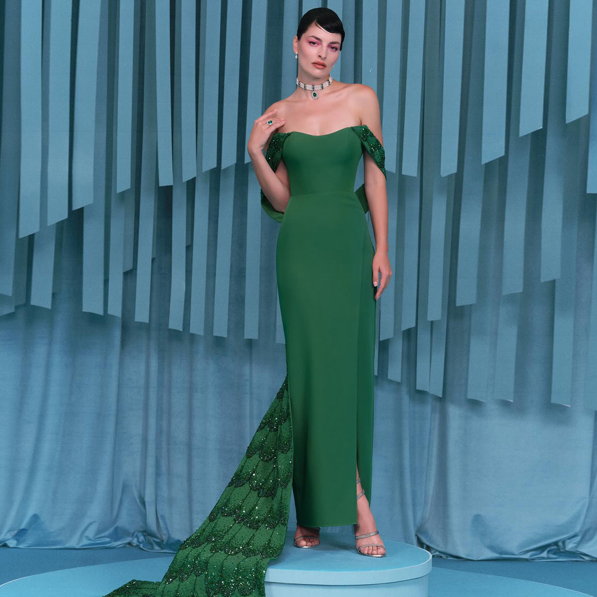 Elegant Emerald Green Beaded Evening Dress with Overskirt SS645