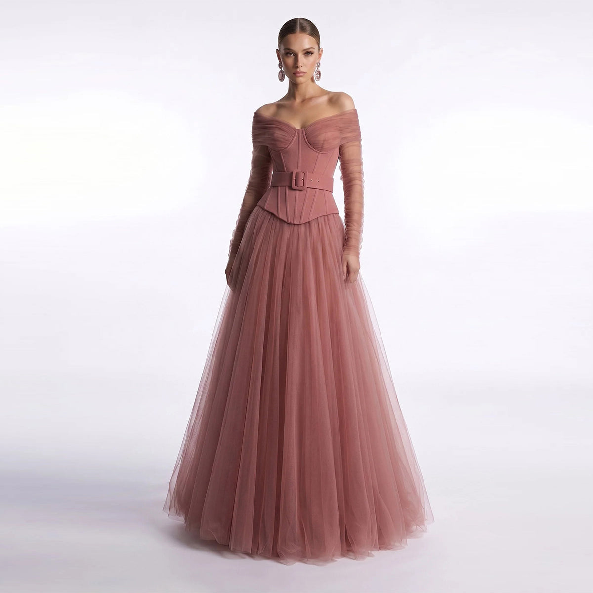 Luxury Dusty Pink Off-the-Shoulder Tulle Ball Ball Gown Prom Dress with Belt SF461