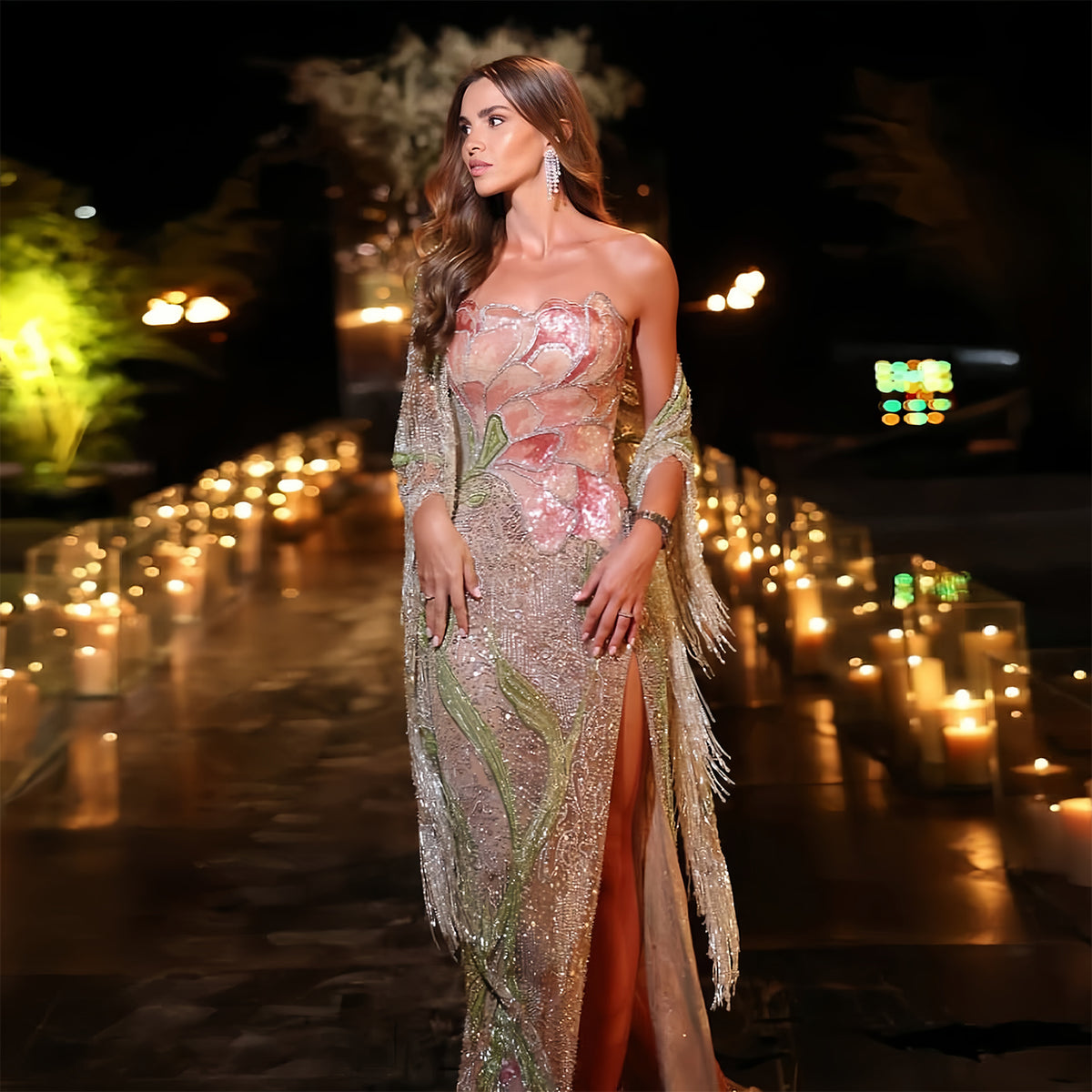 Luxury Embroidered Beaded Strapless Formal Evening Dress with Wrap SS396