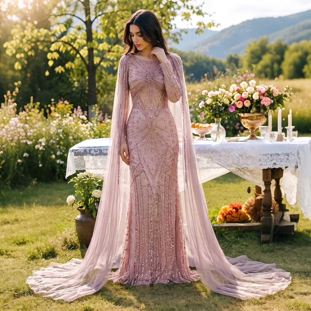 Romantic Pink Full Crystal Beaded Round Neck Tulle Cape Mermaid Floor Evening Dress SS051