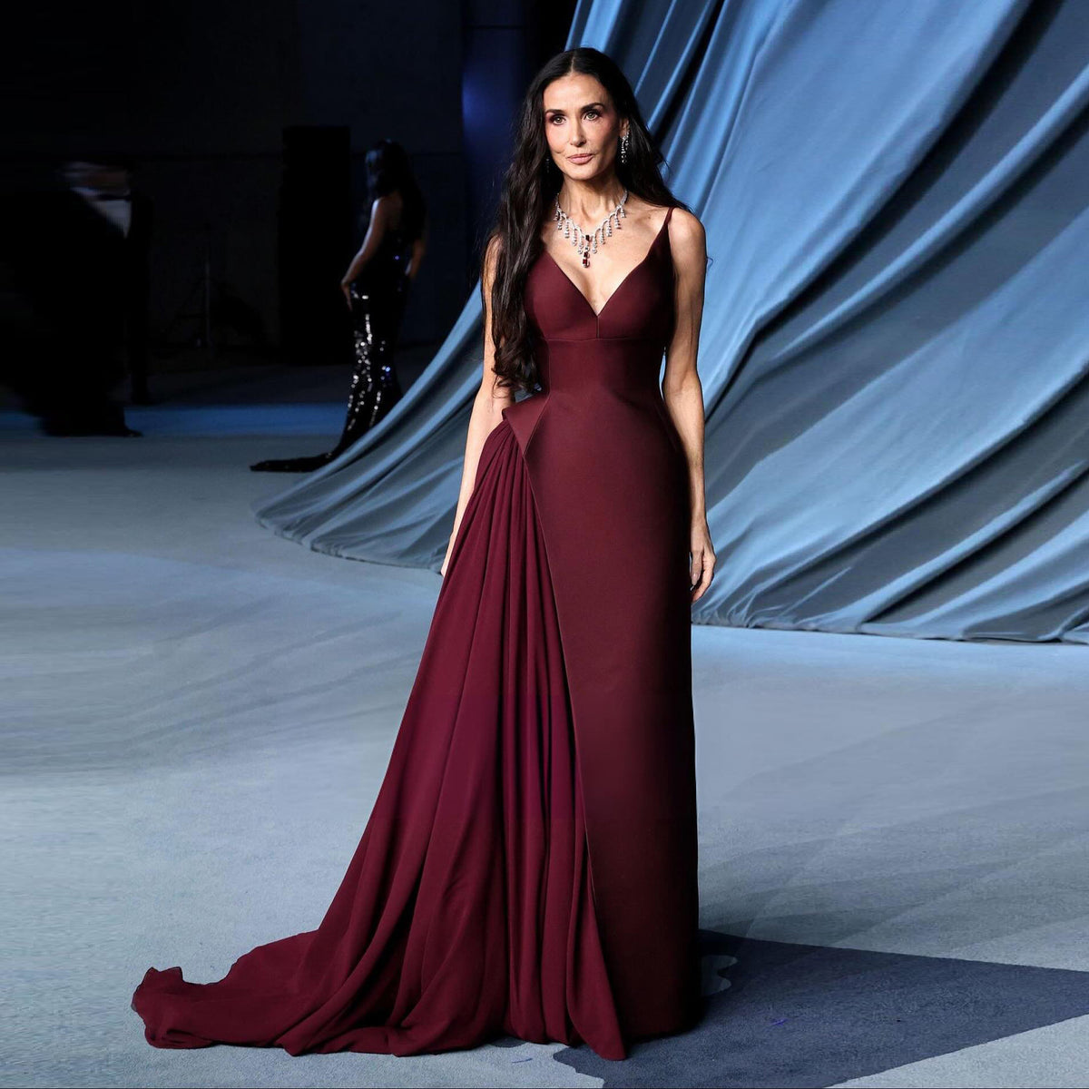 Stunning Deep V Burgundy Satin Train Formal Evening Dress SF330