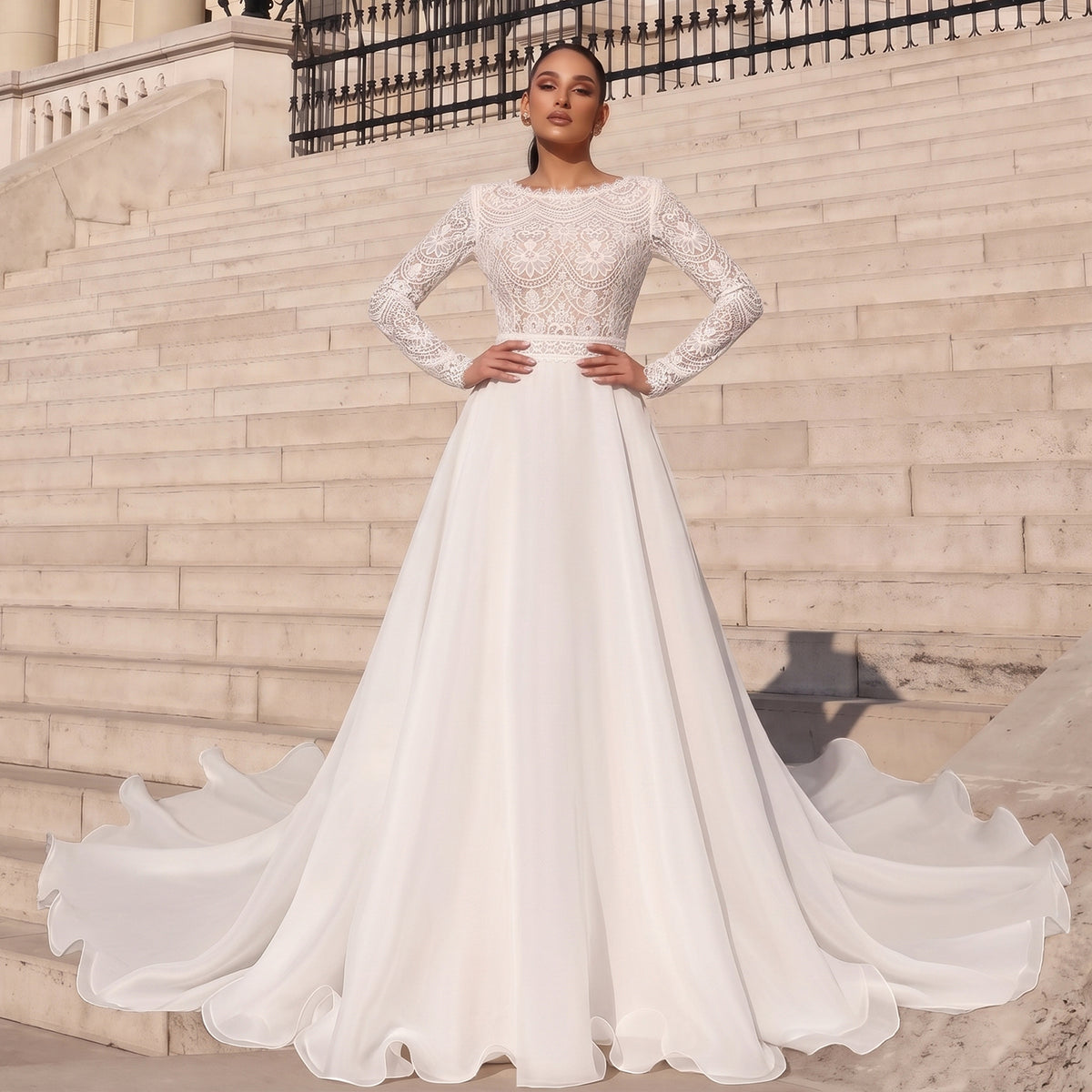 White Lace Wedding Dress with Removable Chiffon Overlay SW714