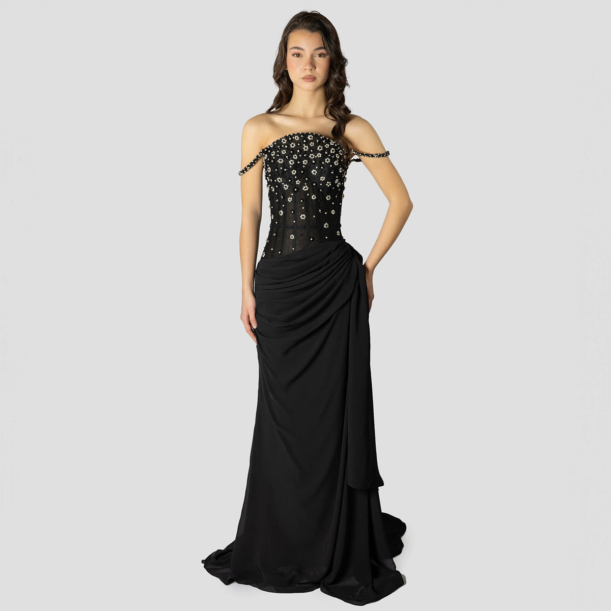 Glamorous Black Ruched Corset Beaded Mermaid Evening Dress SS248