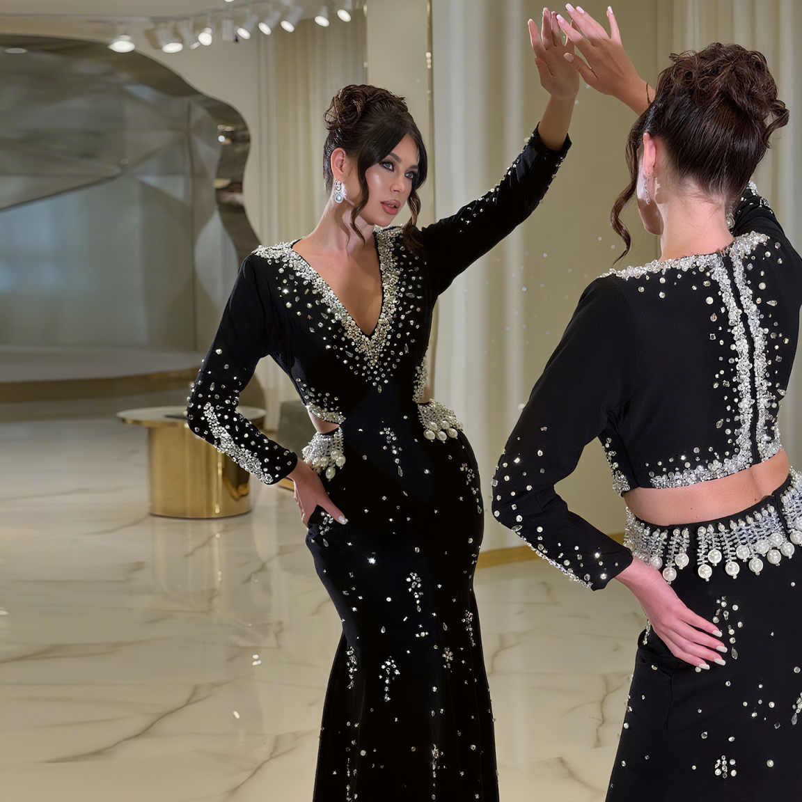 Luxury Pearl Beaded Long Sleeve Evening Dress XD019