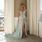 Luxury Strapless High Slit Evening Dress Draped Satin with Cape SF219