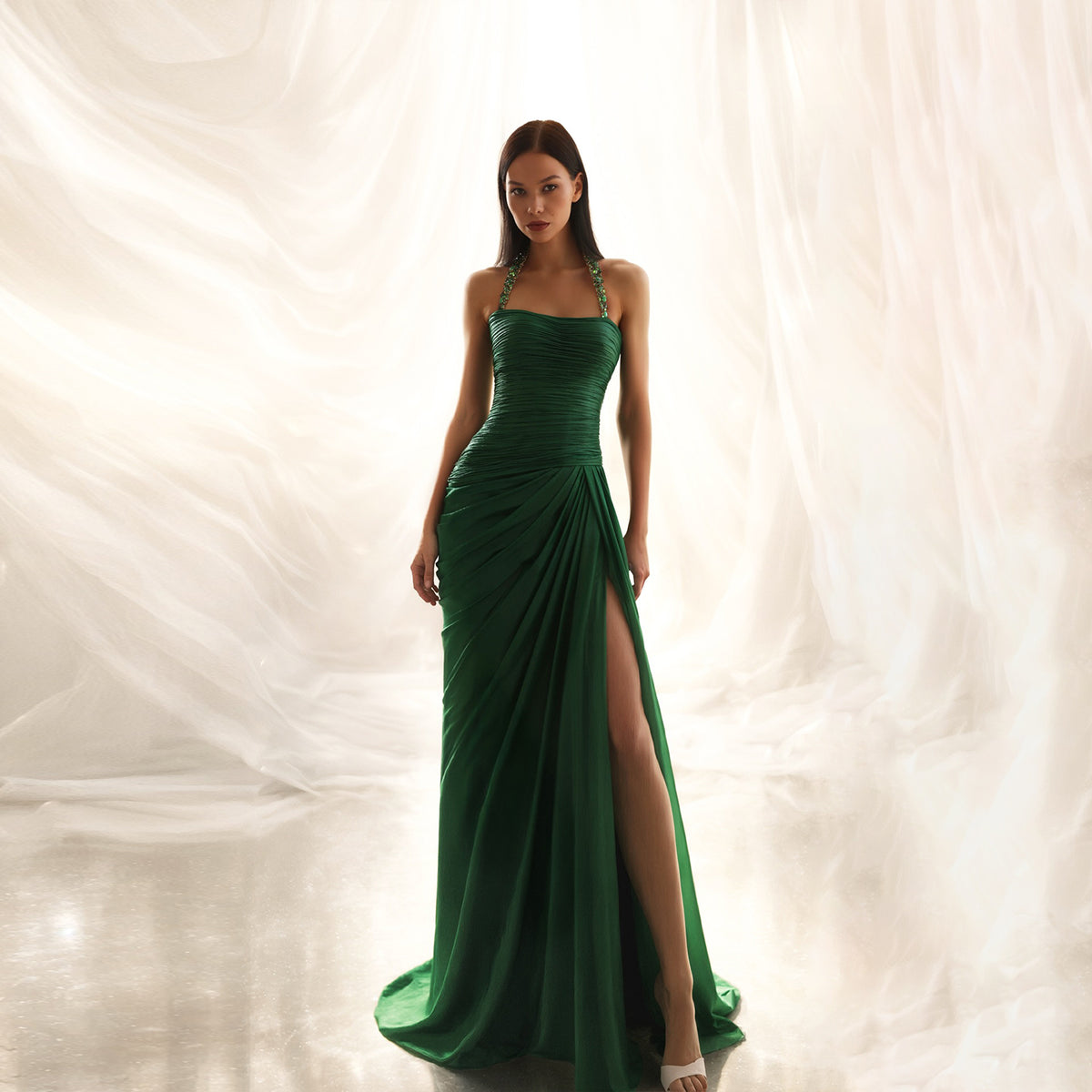 Glamorous Green Puff Sleeve High Slit Satin Evening Dress with Cap Sleeve SF220