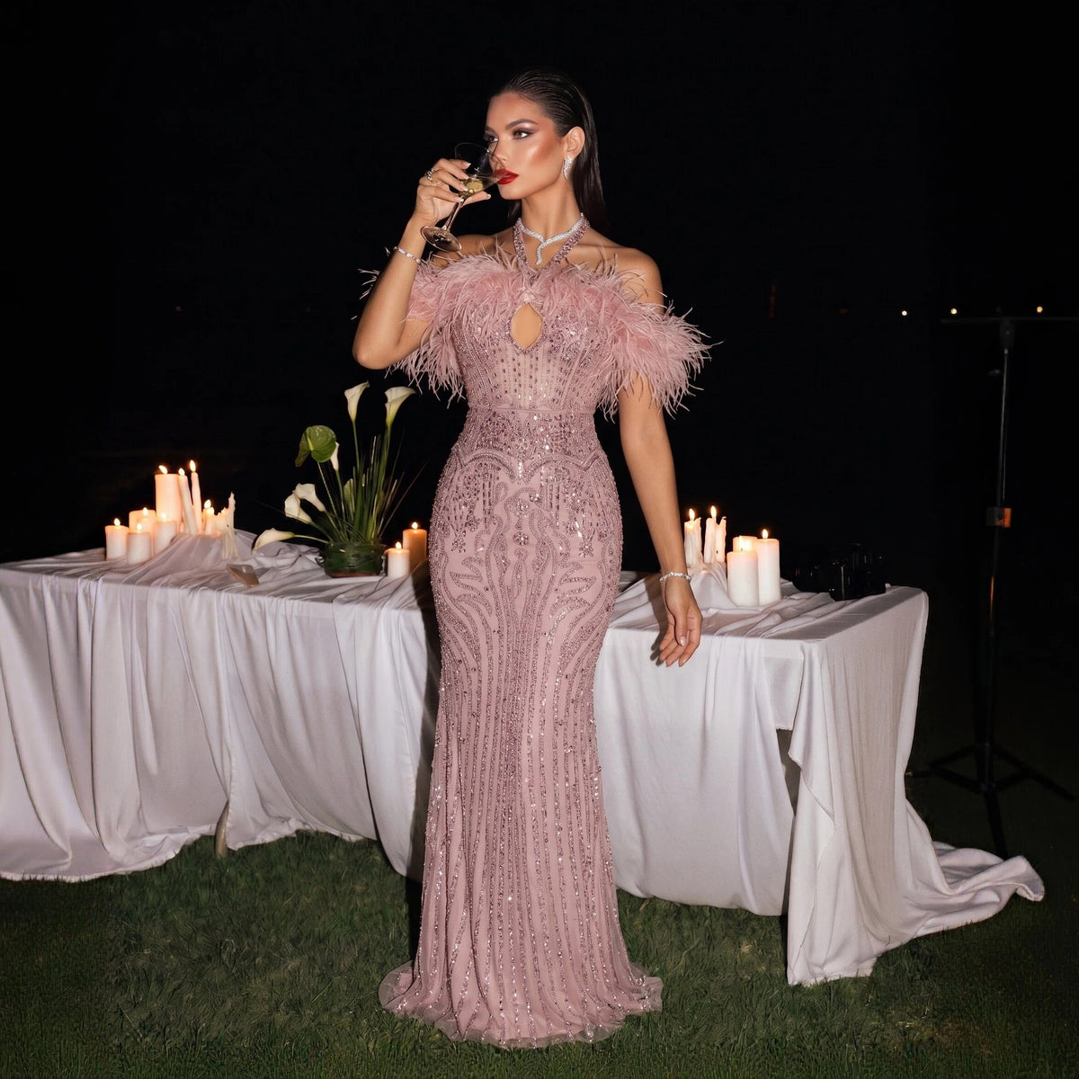 Glamorous Blush Pink Halter Neck Evening Dress with Feather Trim and All-Over Beading SS124
