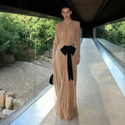 Luxury Nude Chiffon High Neck Long Sleeves Evening Dress with Waist Cutout SF182