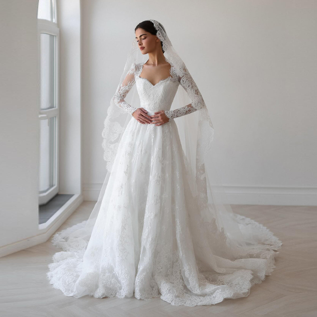 Elegant Pearl Long Sleeve Tulle and Lace Wedding Dress SW531