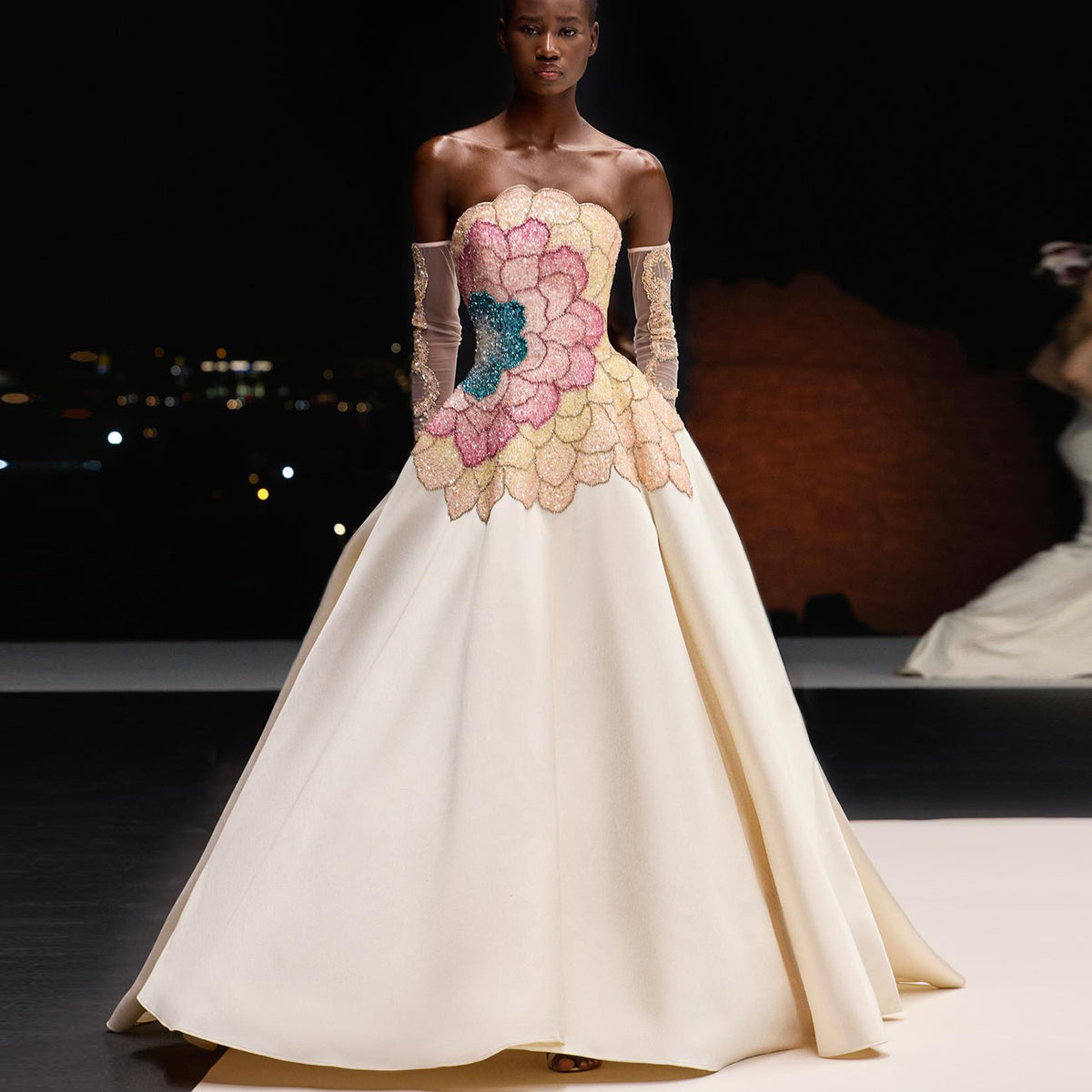 Elegant Strapless Beaded Evening Dress with Gloves SS513