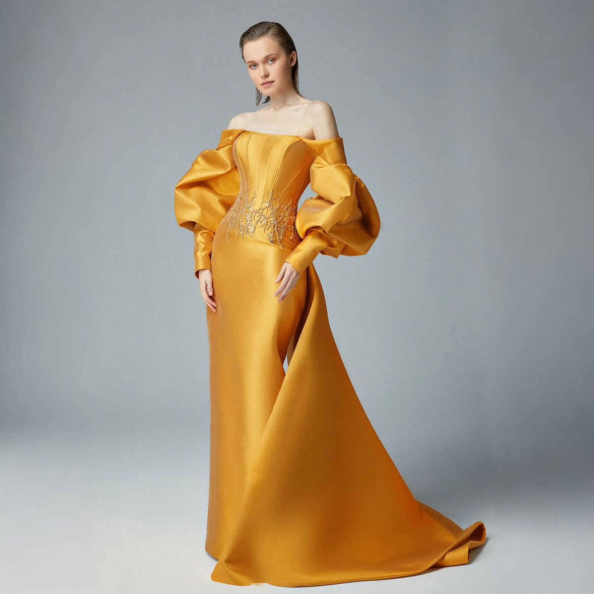 Luxury Orange Satin Off-the-Shoulder Evening Gown Puff Sleeve Prom Dress SF109