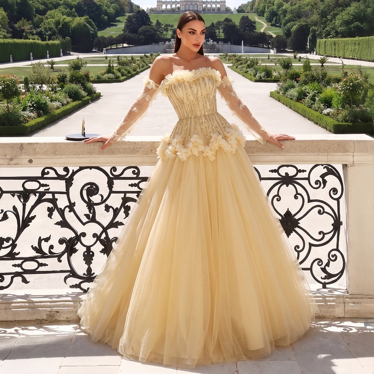 Luxury Gold Full Bead Structured Corset Sheer Tulle Cape A-Line Evening Dress SF268