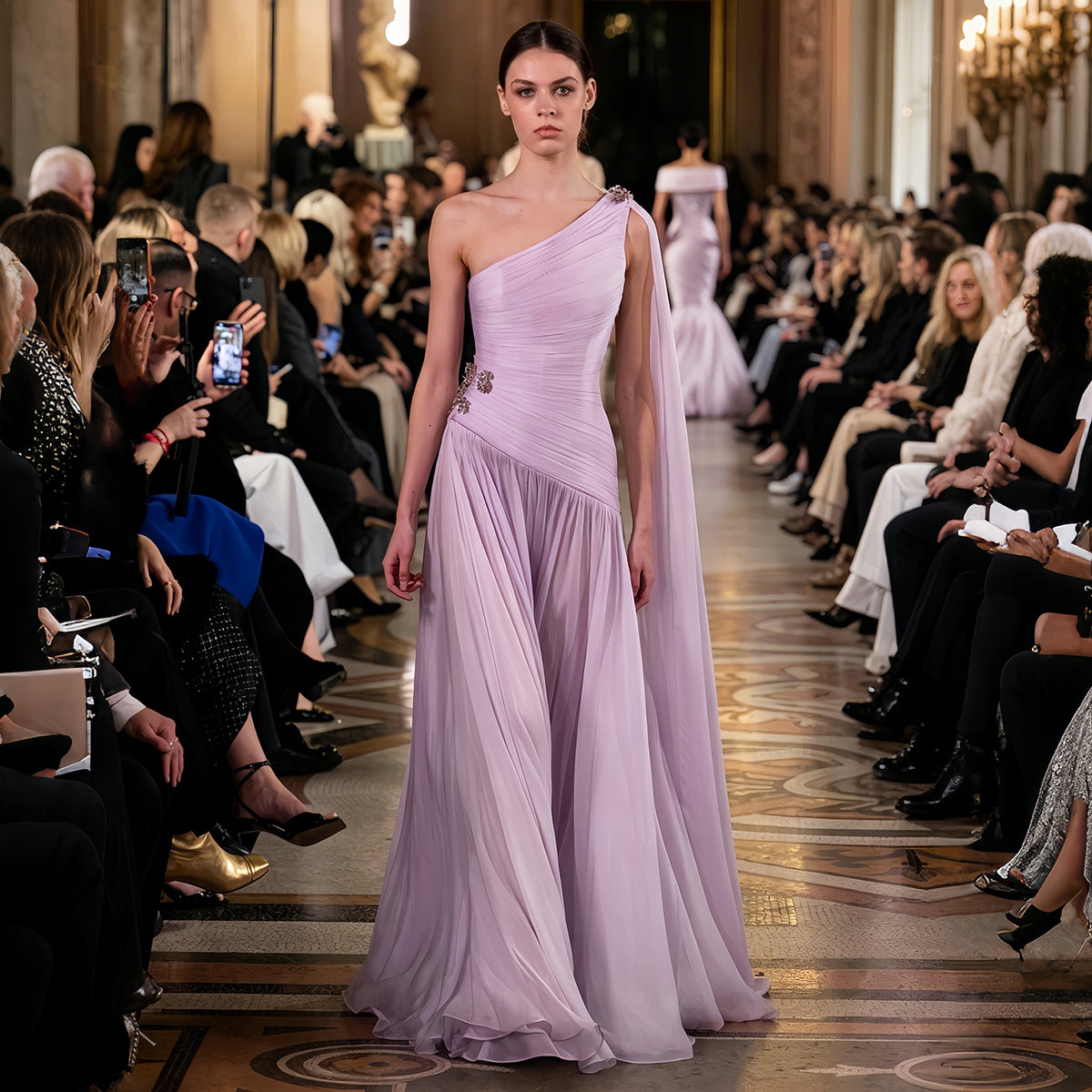 Luxury Purple One-Shoulder Draped Chiffon Cape Evening Dress SF212