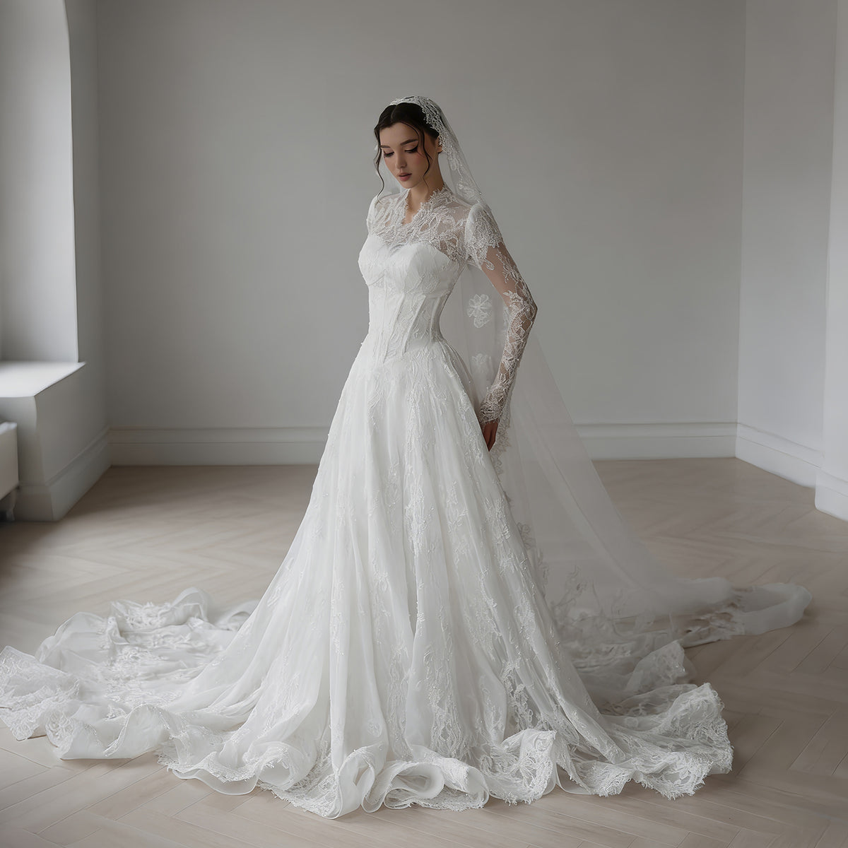 White Lace Long Sleeve A-Line Wedding Dress with Veil SW273