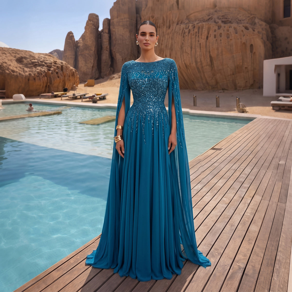Luxury Blue Cape Sleeves Beaded Sequined Chiffon Evening Dress SS105