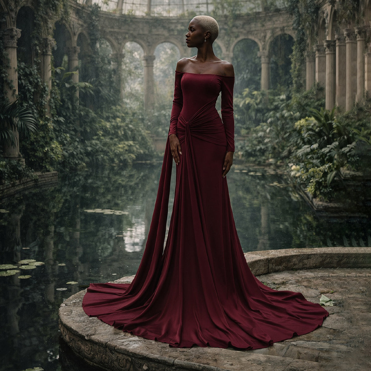 Sophisticated Wine Red Long Sleeve Ruched Evening Dress with Cap Sleeve SF225