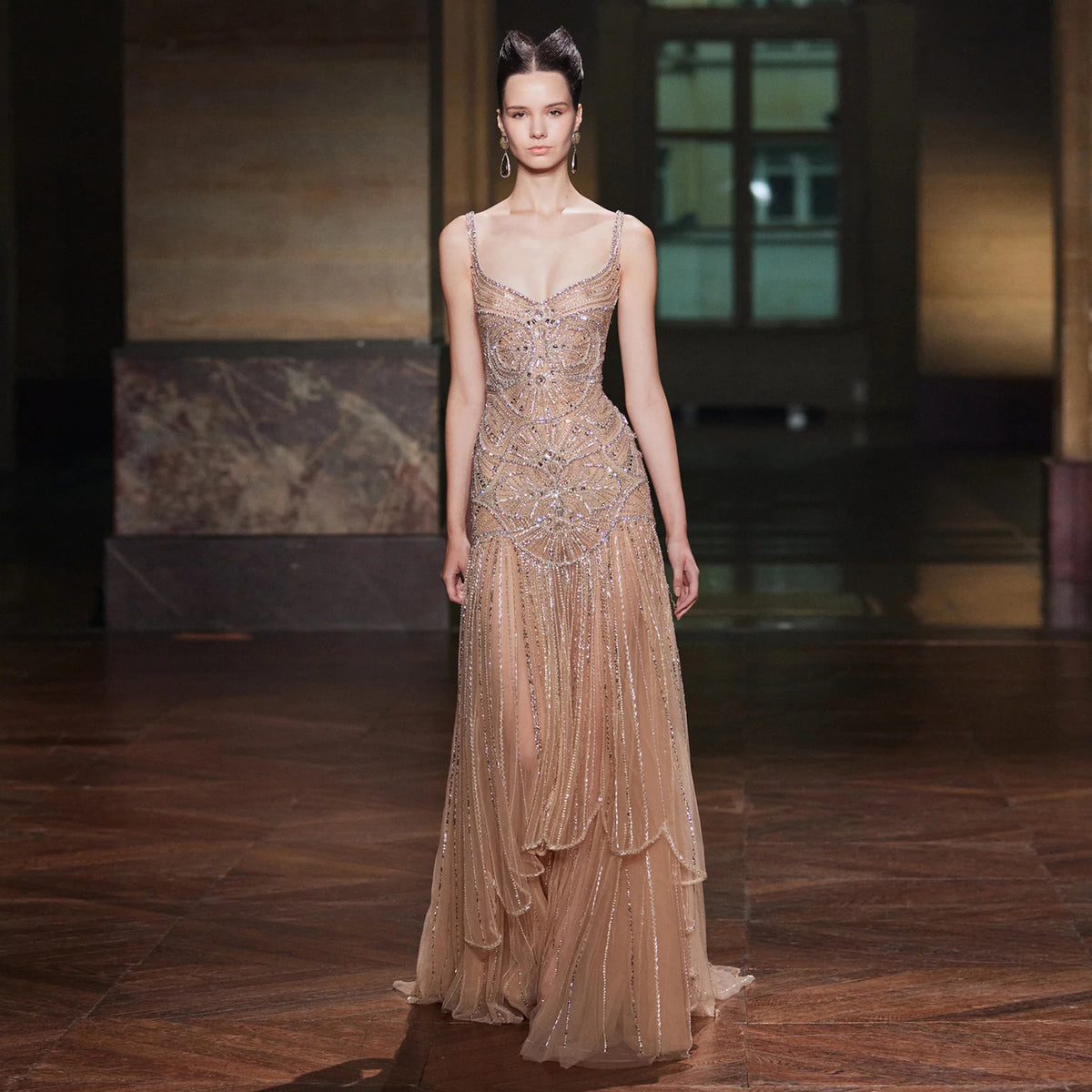 Elegant Champagne Ruffled Beaded Evening Dress SS552