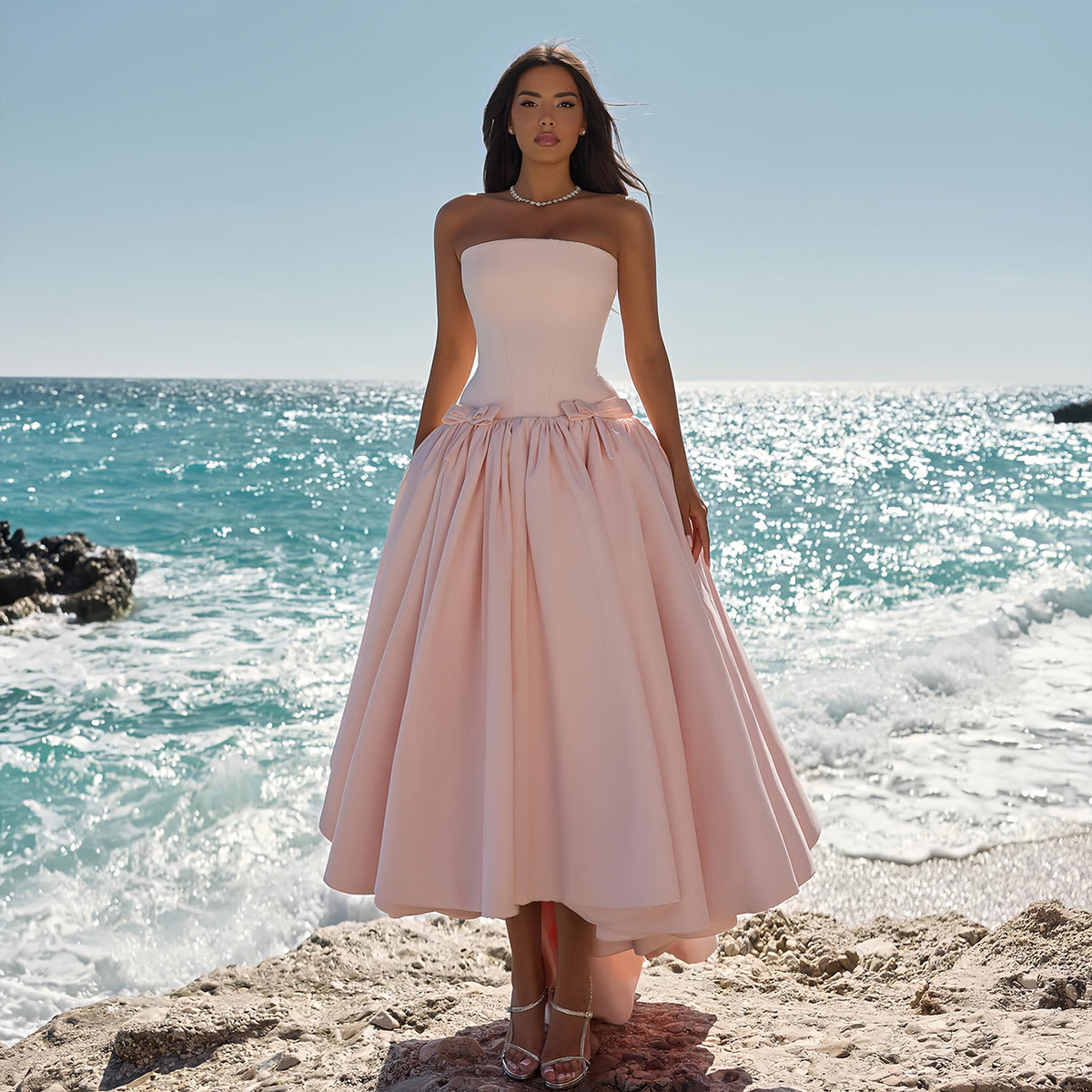 Romantic Pink Strapless Satin Midi A-Line Evening Dress SF081