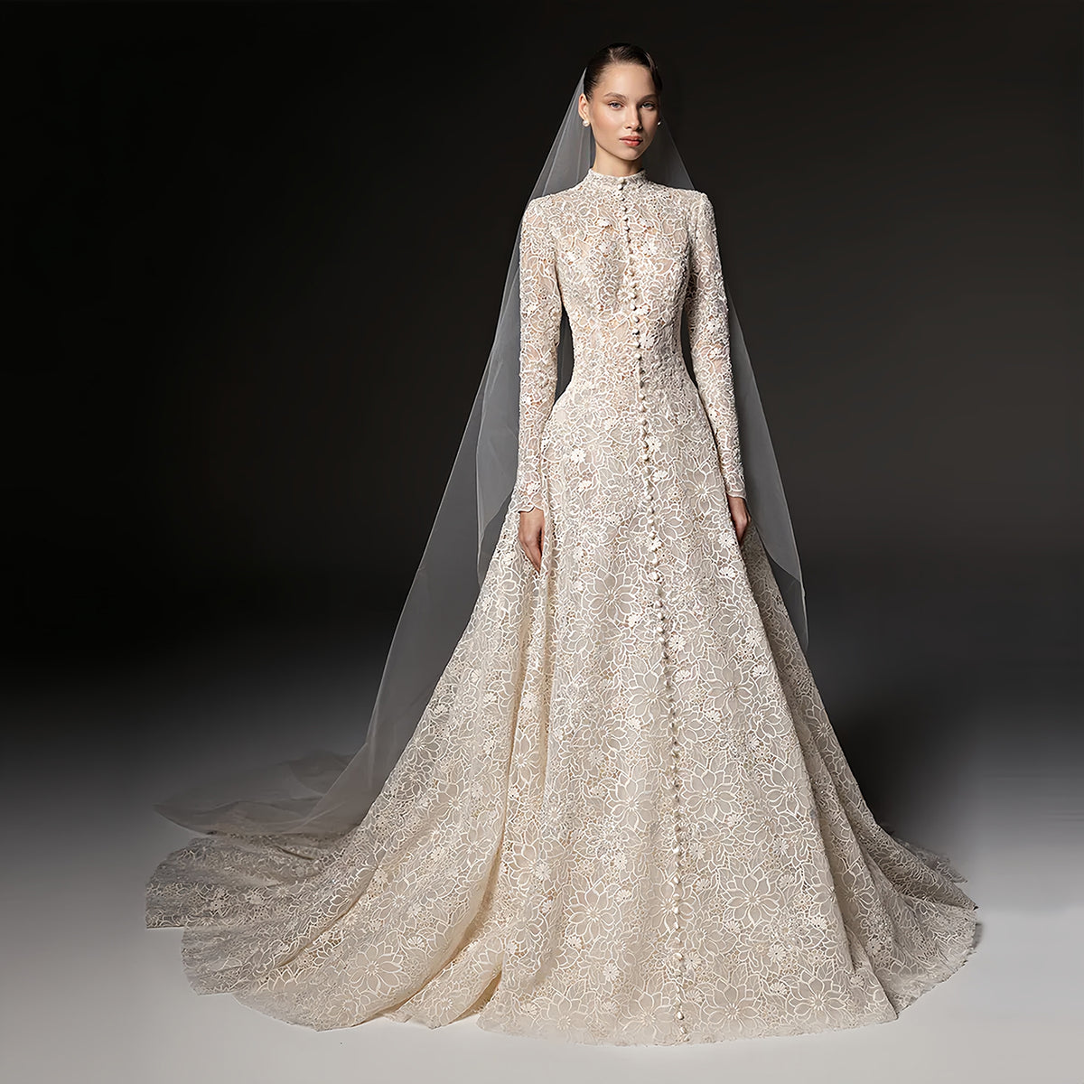 Champagne High Neck Long Sleeve Lace A-Line Wedding Dress with Button Back SW669