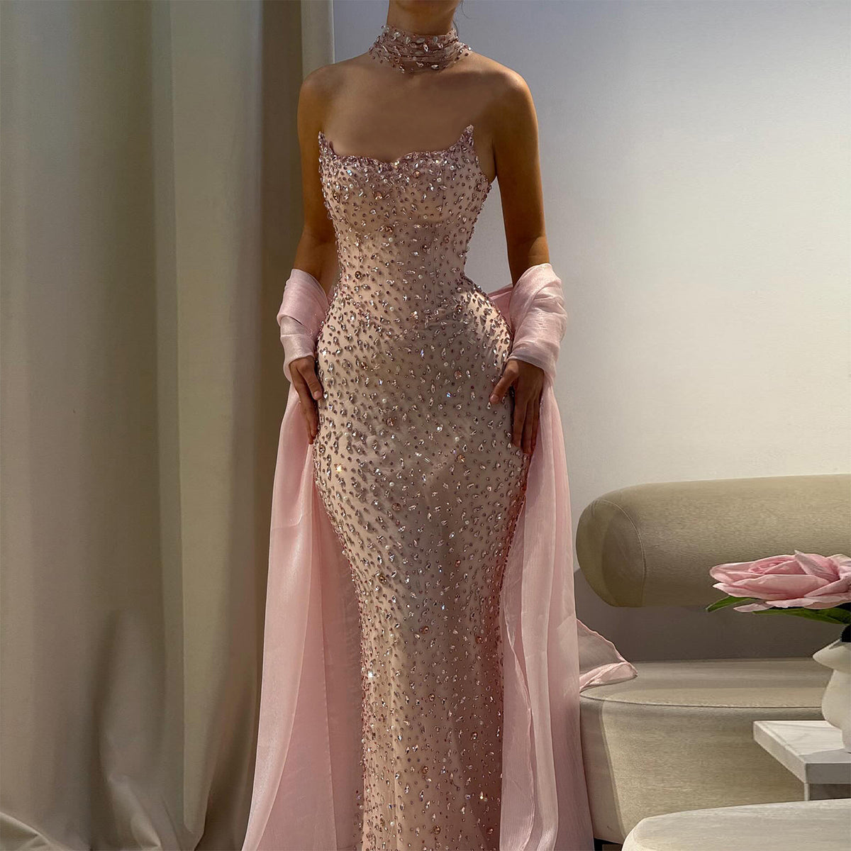 Luxury Pink Strapless Crystal Evening Dress with Cape and Choker SS382
