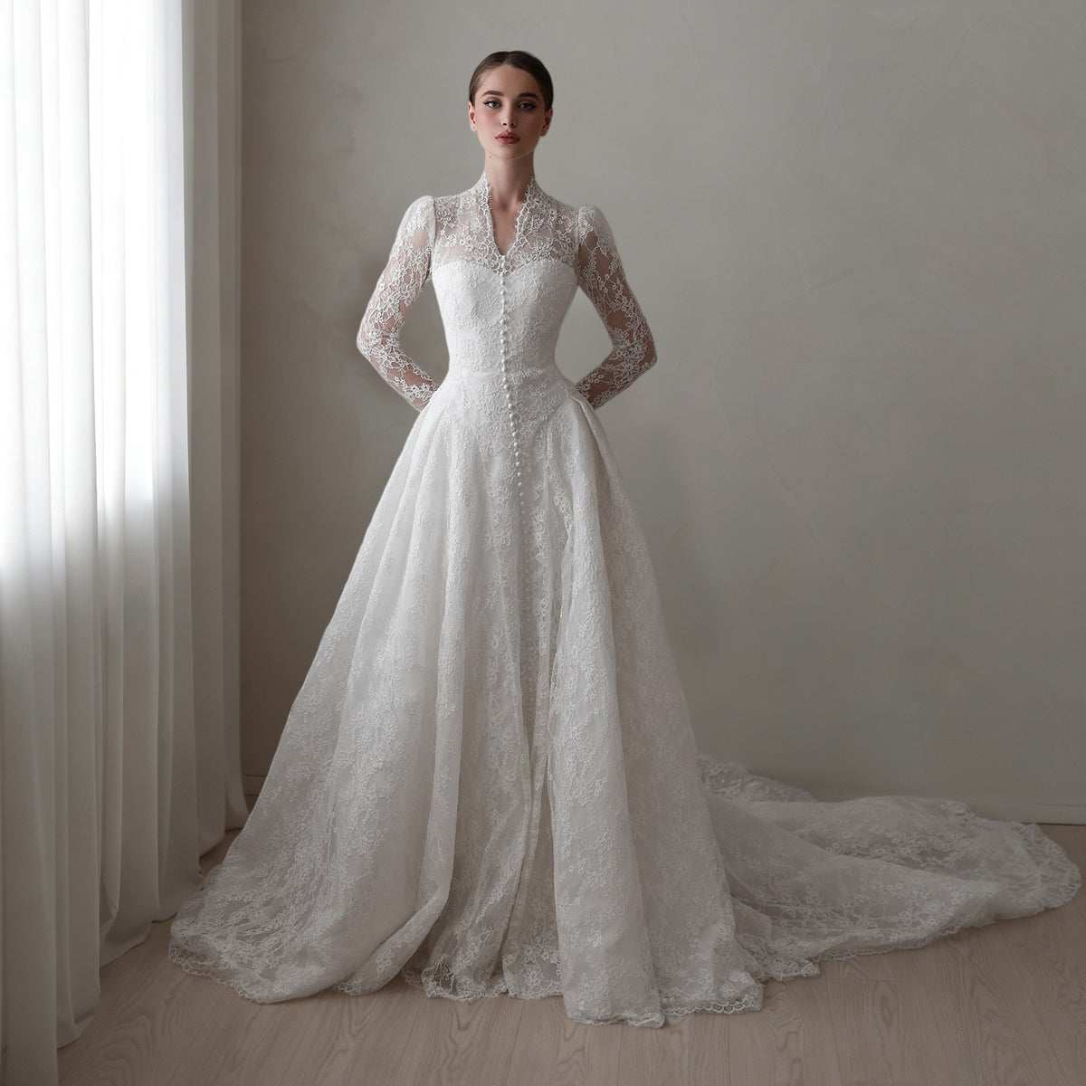 White Lace High Neck Long Sleeve A-Line Wedding Dress with Train SW272
