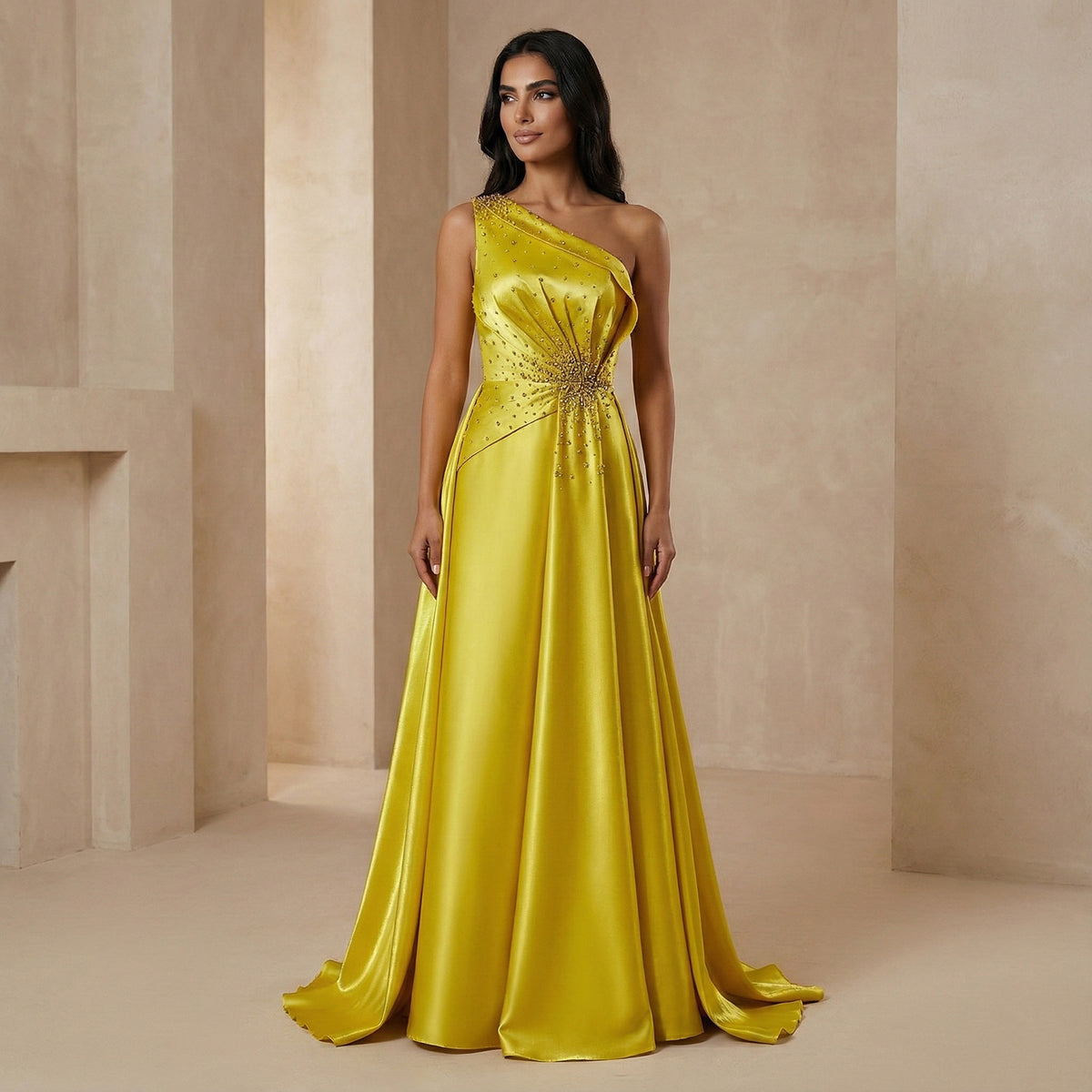 Vibrant Crystal Sequin Satin Yellow Evening Dress with Overskirt XD049