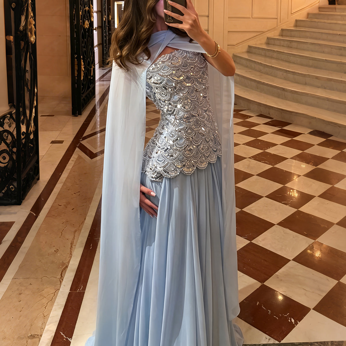 Luxury Blue Sequin Chiffon Evening Dress with Cape Sleeve SS651