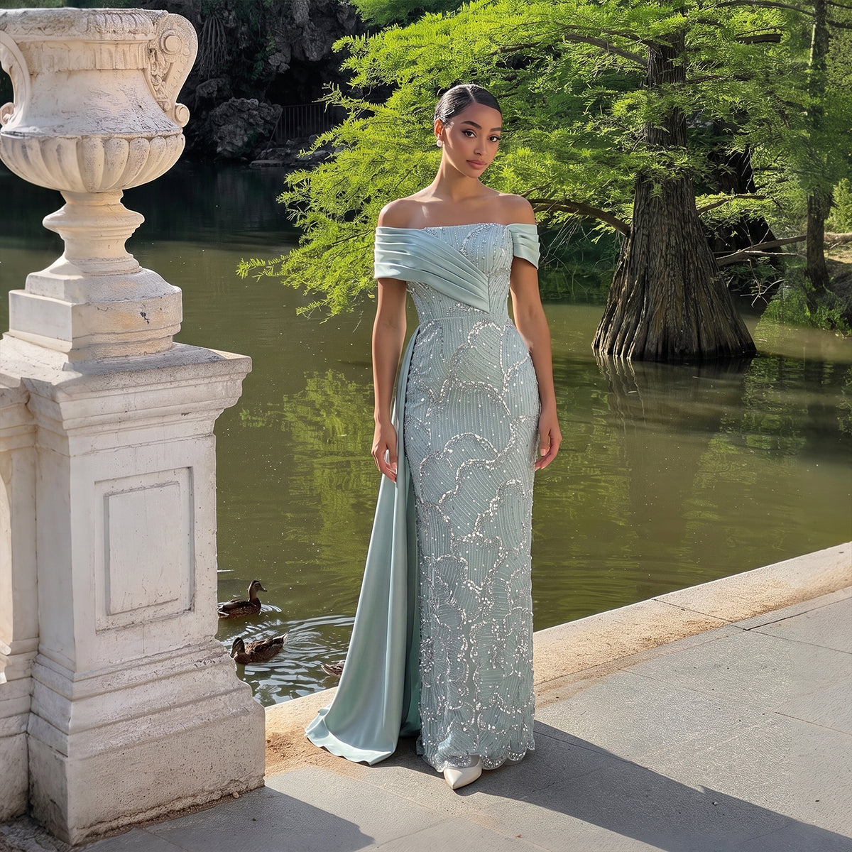 Luxury Beaded Floral Sheath Asymmetric Train Evening Dress SS670