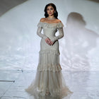 Luxury Gray Off-the-Shoulder Feather Lace Trim Evening Dress SF457