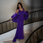 Luxury Purple Spaghetti Strap Detail Fitted Evening Dress wih Cape SF322