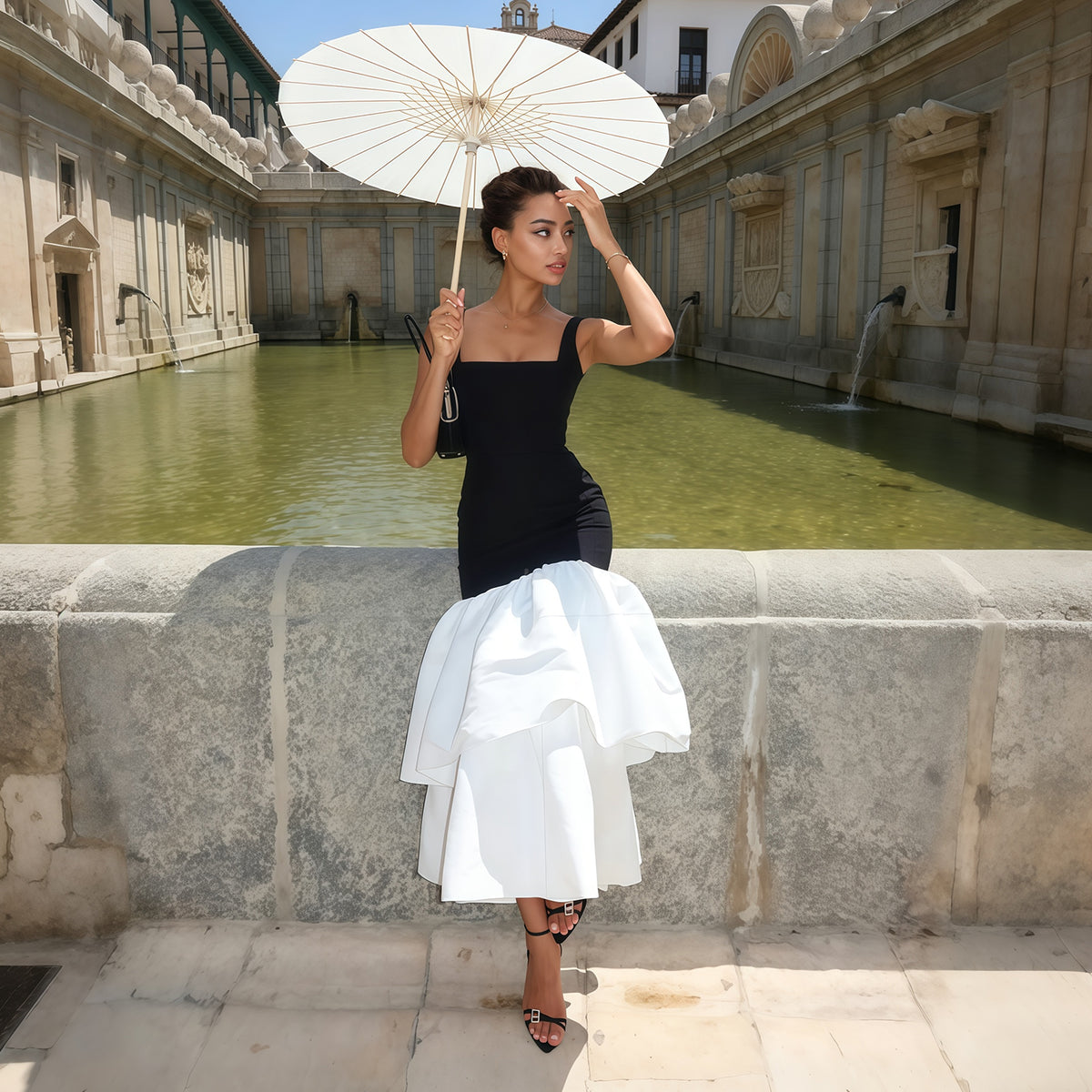 Modern Black & White Square Neck Evening Dress with Ruffled Skirt SF150