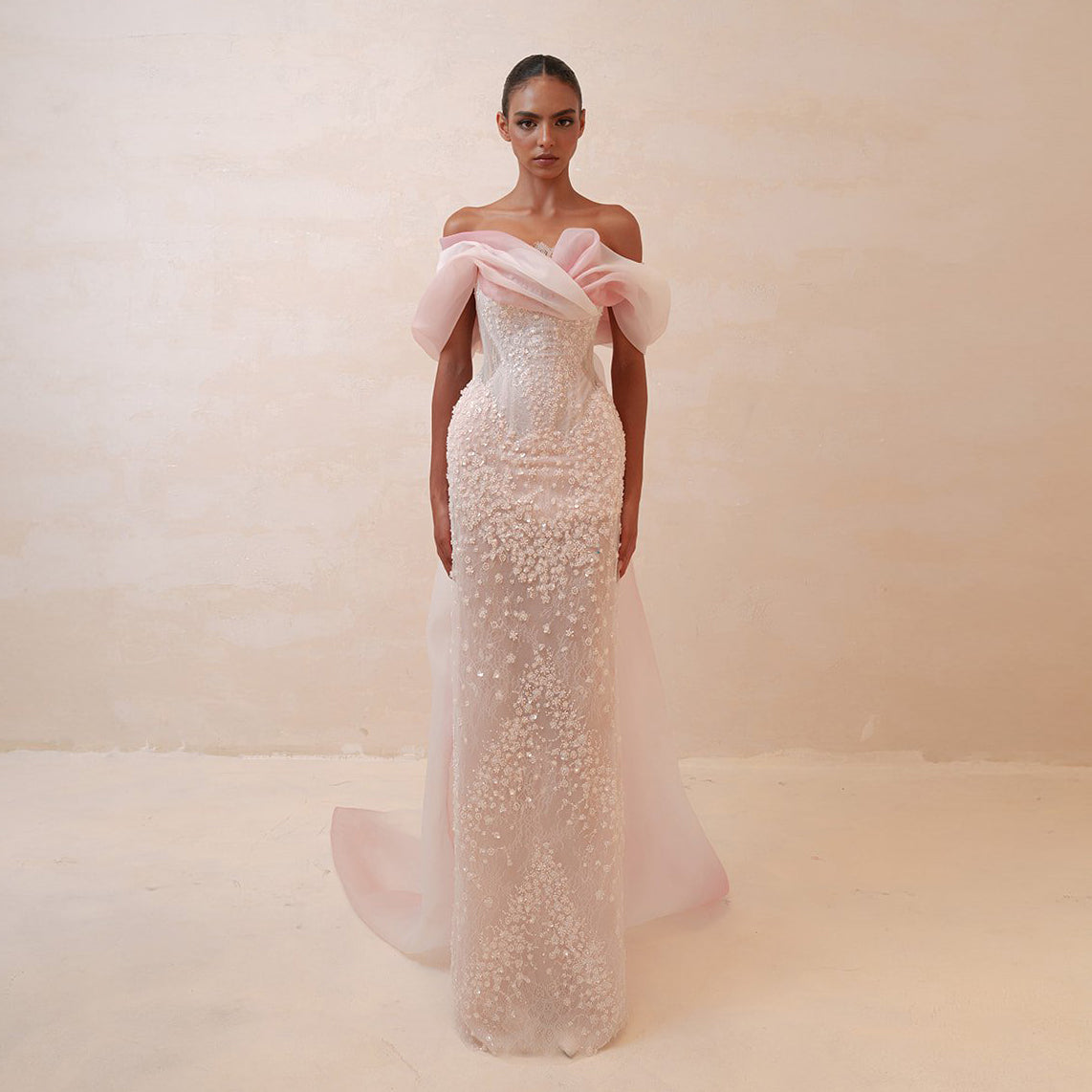 Elegant Blush Pink Draped Sequin Off-the-Shoulder Evening Dress SS519