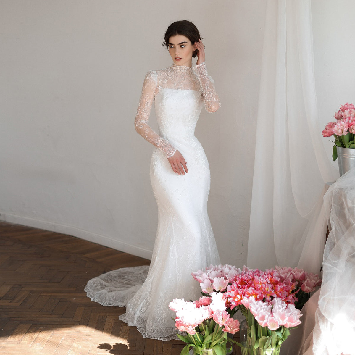 Printed Crystal Sheer Lace Mermaid Wedding Dress SW539