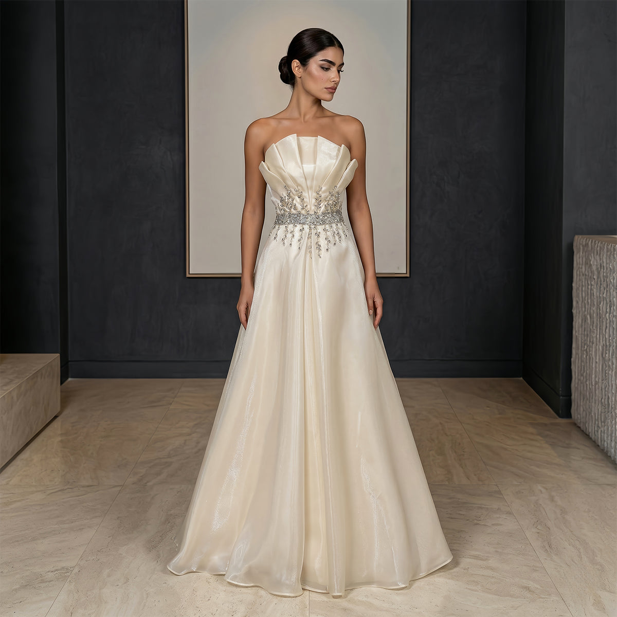 Luxury Beige Strapless Beaded A-Line Evening Dress SF509