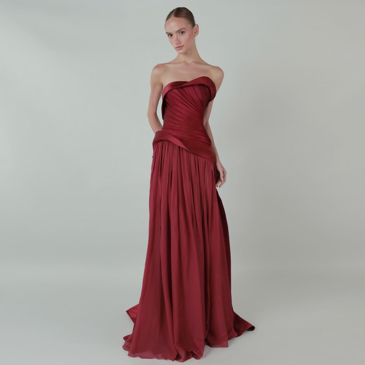 Luxury Wine Red Strapless Ruched Satin Evening Dress with Overskirt SF021