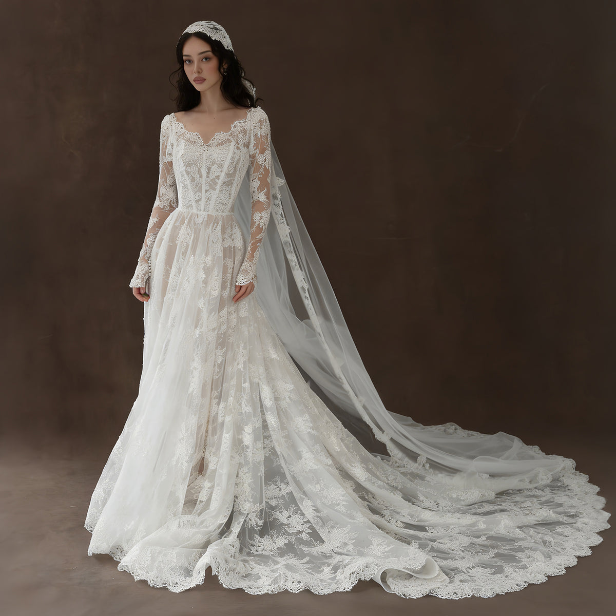 Ivory Lace V-Neck Long Sleeve Wedding Dress with Veil SW276