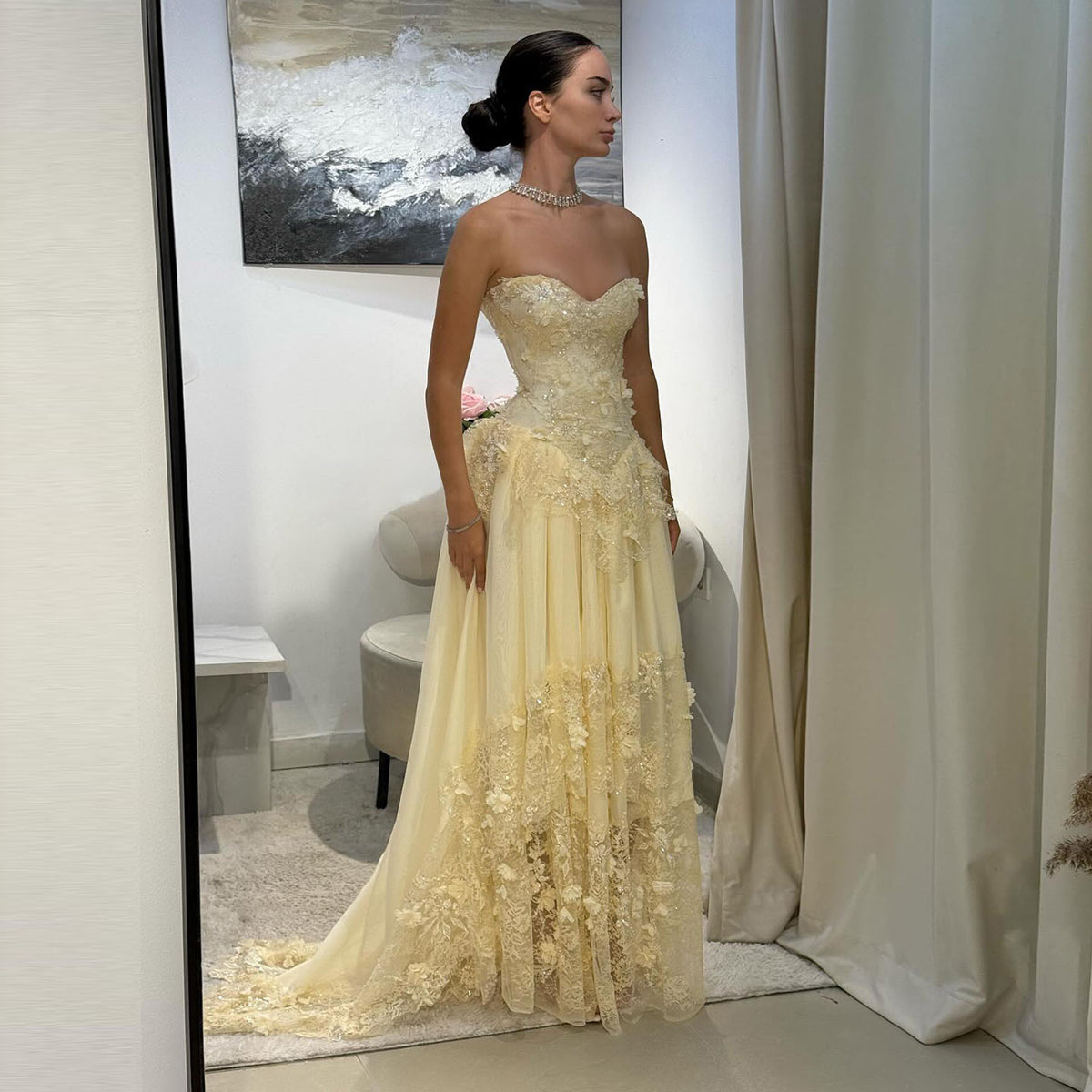 Elegant Light Yellow Floral 3D Strapless Evening Dress with Overskirt SS654