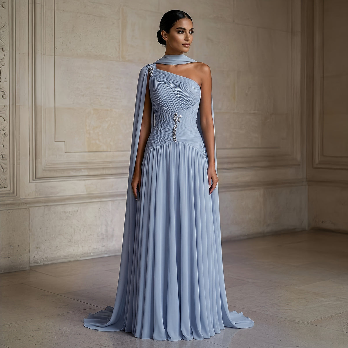 Elegant Gray Blue Beaded Ruched Chiffon Evening Dress with Capelet SF235A