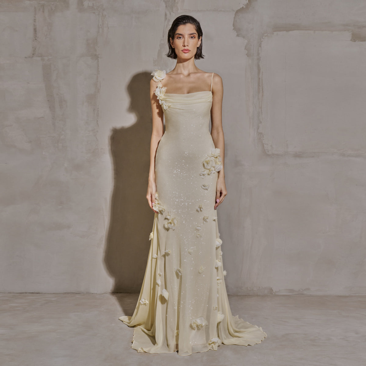 Luxury Light Yellow 3D Floral Sequin Spaghetti Strap Evening Dress SF438