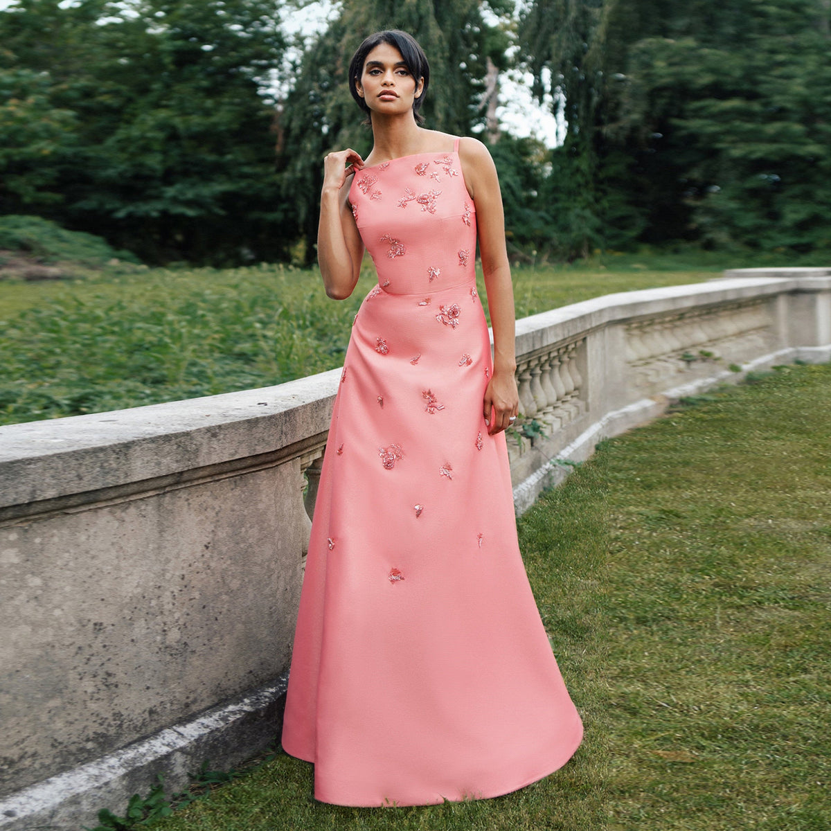 Luxury Rose Pink Beaded Satin Spaghetti Strap Evening Dress SF302